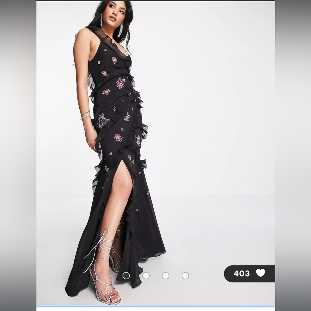 Embellished asymmetrical black ruffle maxi dress